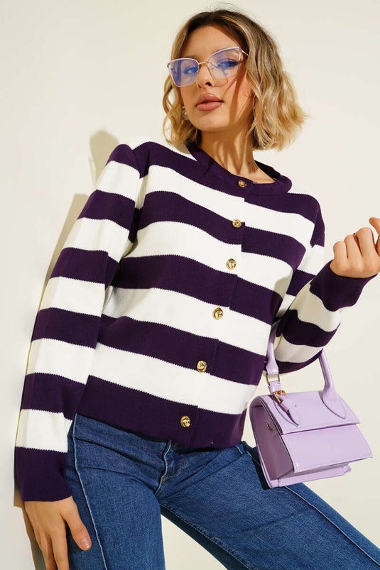 كارديجان محبوك سميك مخطط باللون البنفسجي