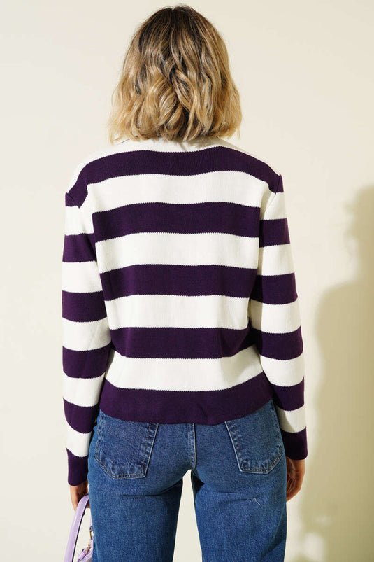 كارديجان محبوك سميك مخطط باللون البنفسجي