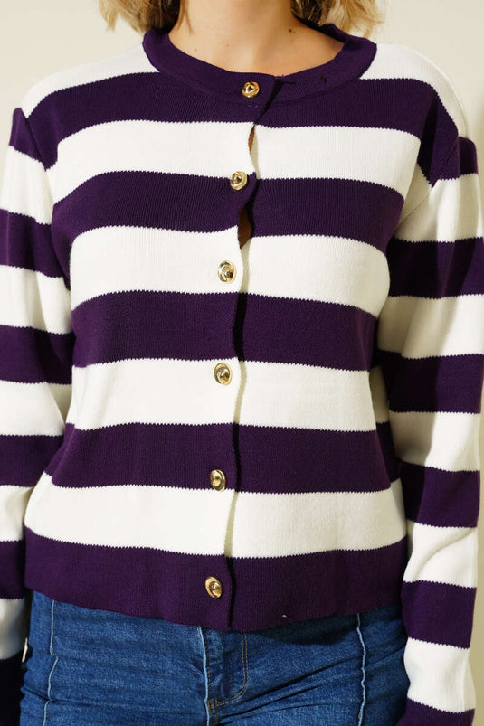 كارديجان محبوك سميك مخطط باللون البنفسجي