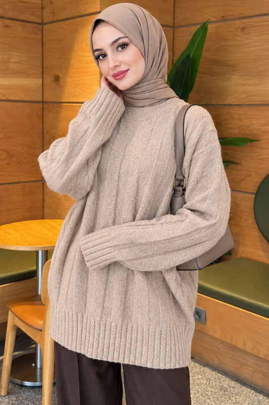 Dicke Rippstrick Tunika Beige