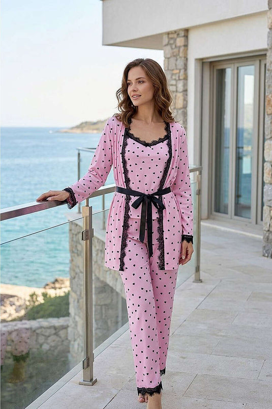 Kalp Baskılı Dantelli Sabahlıklı 3'lü Pijama Takımı Pembe