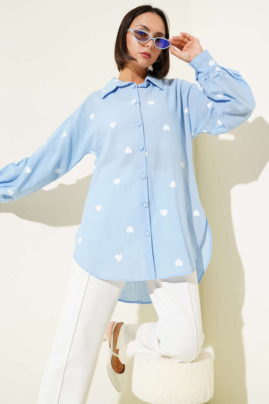 Heart Printed Linen Shirt Blue