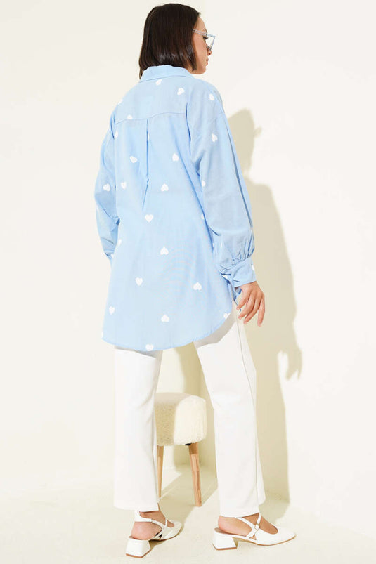 Heart Printed Linen Shirt Blue