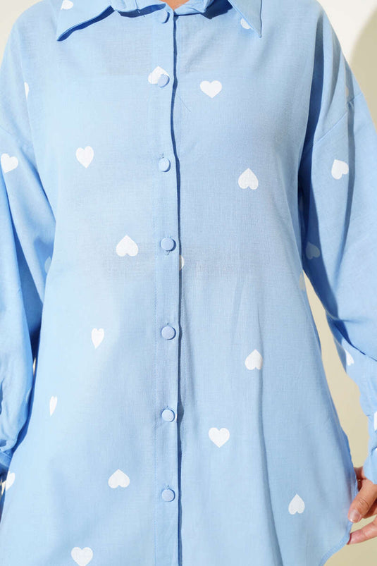 Heart Printed Linen Shirt Blue