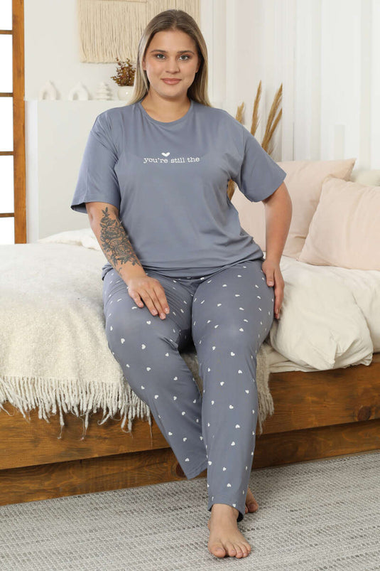 Pigiama a maniche corte con stampa a cuore, taglie forti, grigio ardesia