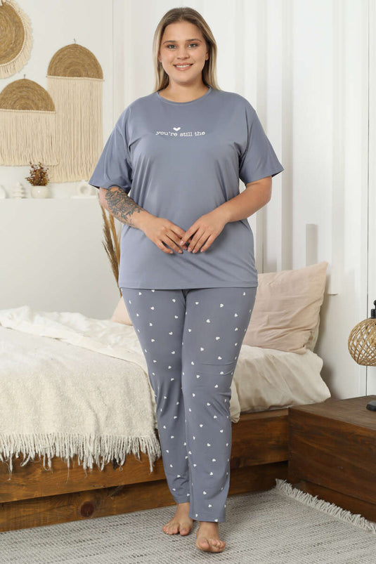 Pigiama a maniche corte con stampa a cuore, taglie forti, grigio ardesia