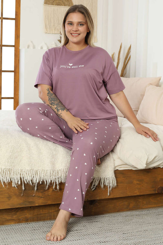 Pigiama a maniche corte con stampa a cuore, taglie forti, lilla