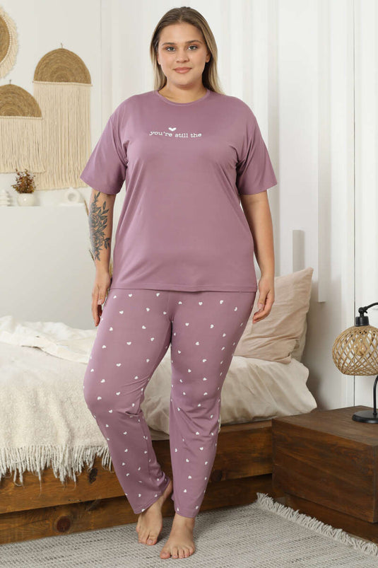 Pigiama a maniche corte con stampa a cuore, taglie forti, lilla