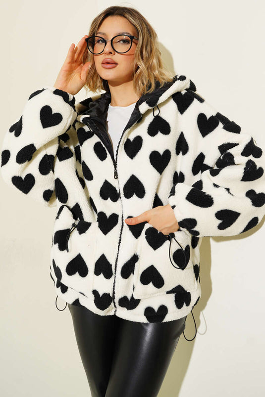 Kalp Baskılı Peluş Hırka Ekru