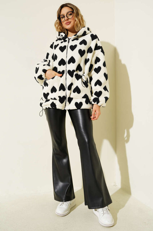 Kalp Baskılı Peluş Hırka Ekru