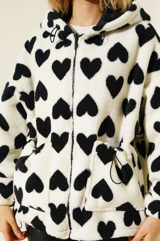 Kalp Baskılı Peluş Hırka Ekru