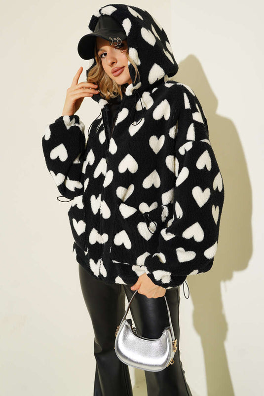 Kalp Baskılı Peluş Hırka Siyah