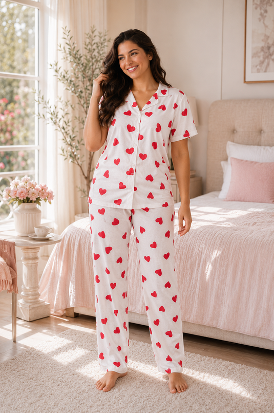 Kalp Desen Büyük Beden Pijama Takımı Beyaz