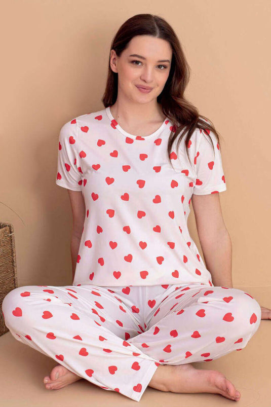 Heart Pattern Short Sleeve Pajama Set Ecru