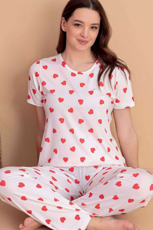 Heart Pattern Short Sleeve Pajama Set Ecru