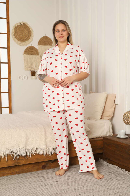 Kalp Desenli Büyük Beden Pijama Takımı Beyaz