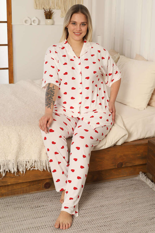 Kalp Desenli Büyük Beden Pijama Takımı Beyaz