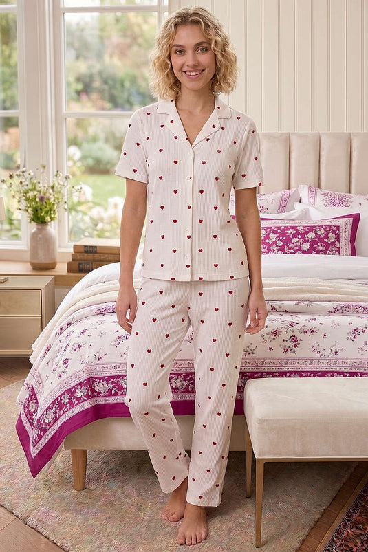 Ensemble pyjama côtelé à motif cœur blanc