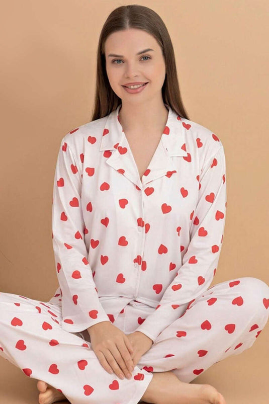 Pyjama-Set mit Hemdkragen und Herzmuster Weiß