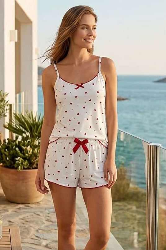 Kalp Desenli İp Askılı Şortlu Pijama Takım Beyaz