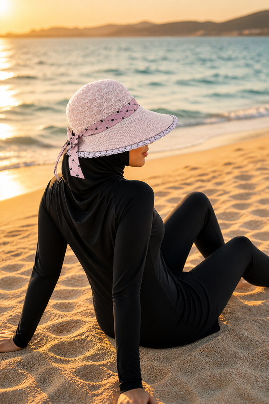 Chapeau de plage en paille avec ruban à motif cœur, couleur poudre