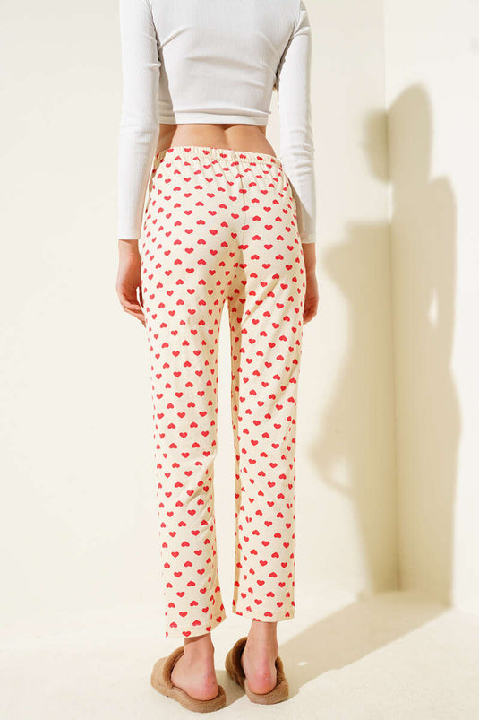 Heart Patterned Pajama Bottoms Beige