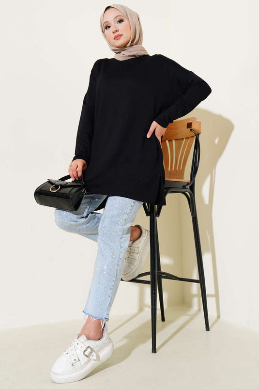 Kalp Detaylı Basic Tunik Siyah