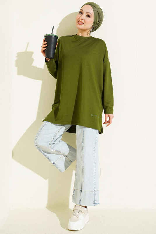 Kalp Detaylı Basic Tunik Yeşil