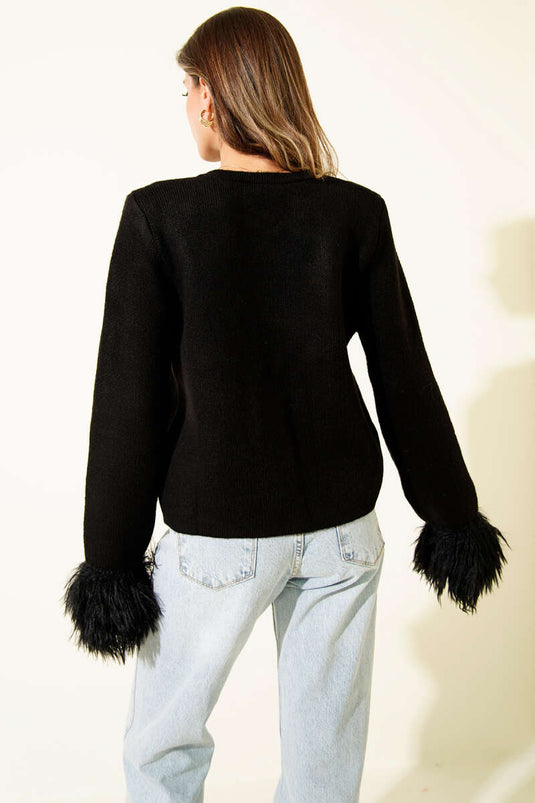 Heart Button Wrist Fur Trimmed Knitted Cardigan Black
