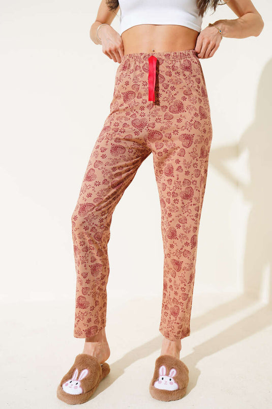 Heart Motif Pajama Bottoms Latte