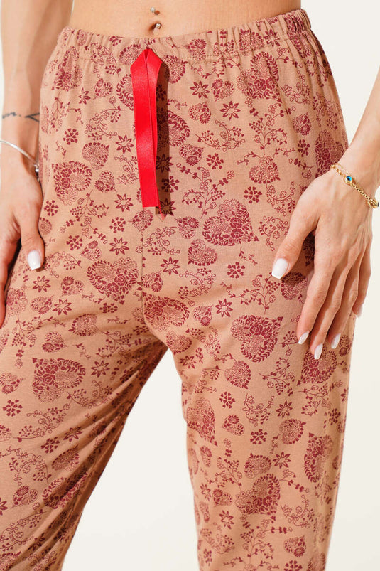 Heart Motif Pajama Bottoms Latte