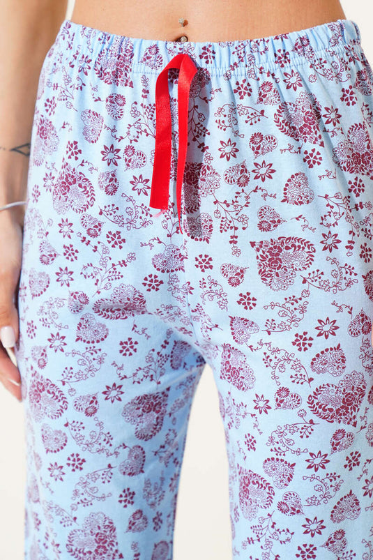 Heart Motif Pajama Bottoms Blue