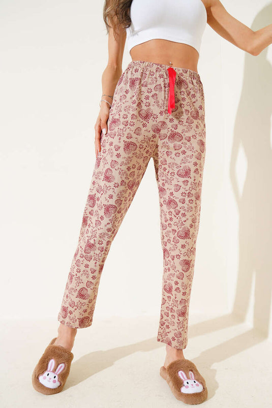 Heart Motif Pajama Bottoms in Tan