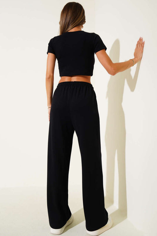 Kalp Nakış Detaylı Crop İkili Takım Siyah