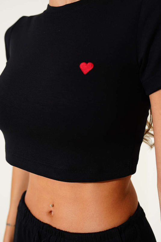 Kalp Nakış Detaylı Crop İkili Takım Siyah