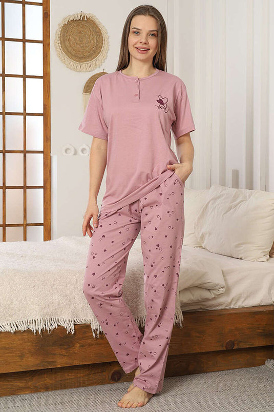 Kalp Nakış Detaylı Kısa Kol Pijama Takımı Pudra