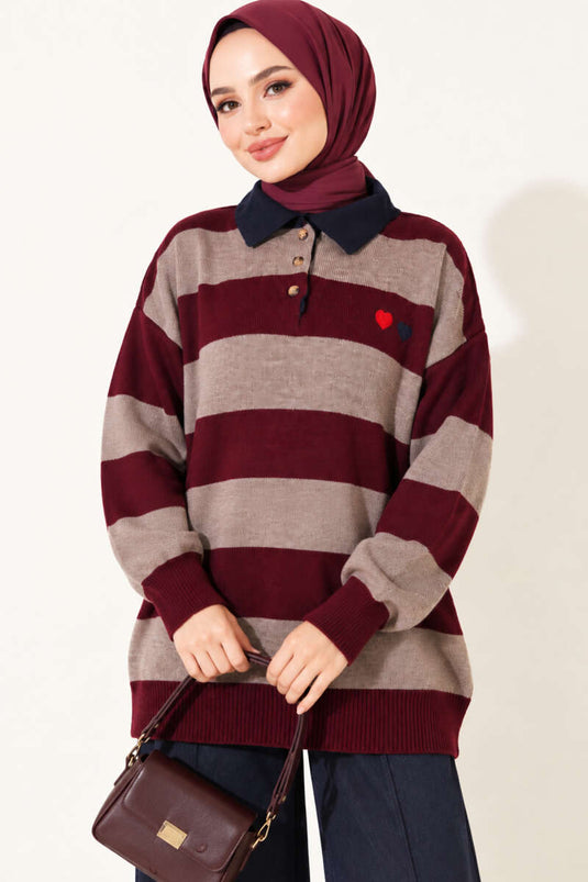Kalp Nakışlı Gömlek Yaka Tunik Bordo