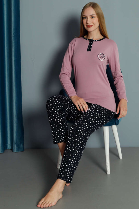 Kalp Nakışlı Pijama Takımı Leylak