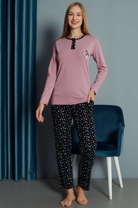 Kalp Nakışlı Pijama Takımı Leylak