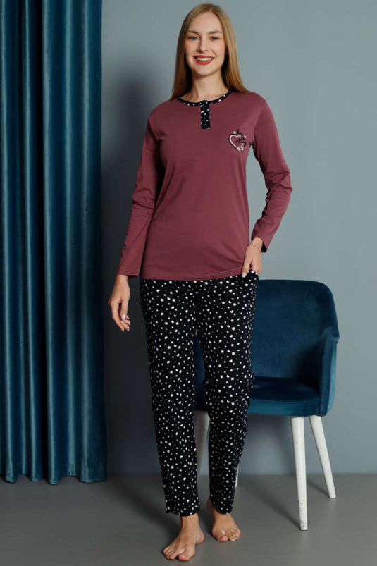 طقم بيجامة مطرز على شكل قلب أرجواني