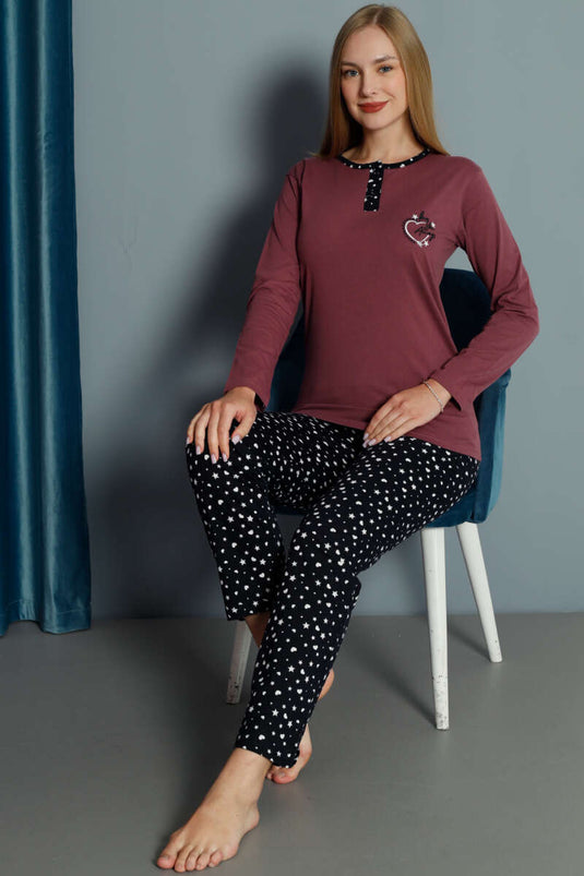 طقم بيجامة مطرز على شكل قلب أرجواني