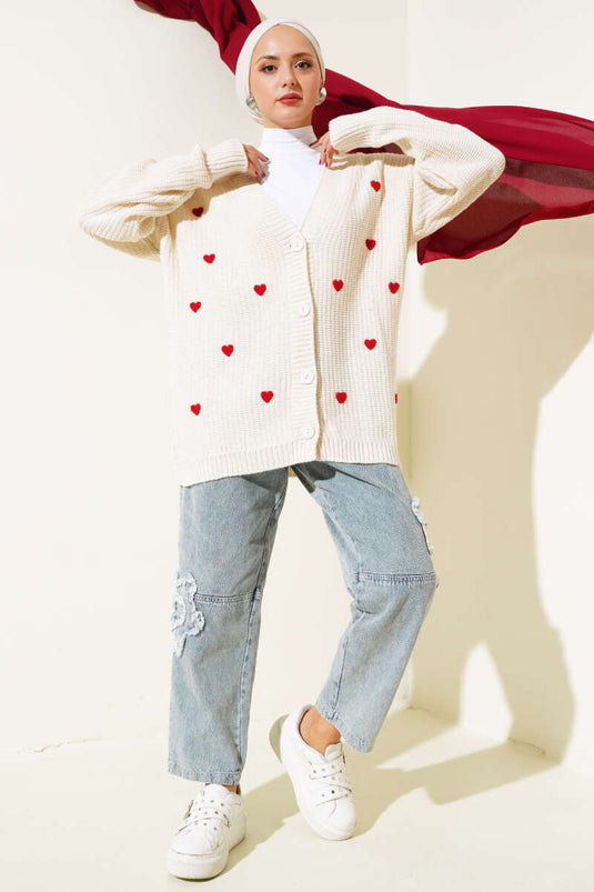 Heart Embroidered Knit Cardigan Beige