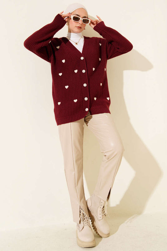 Heart Embroidered Knit Cardigan Burgundy