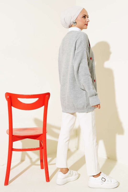 Heart Embroidered Knitted Cardigan Gray
