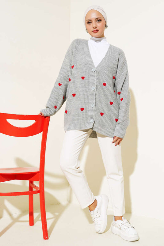 Heart Embroidered Knitted Cardigan Gray