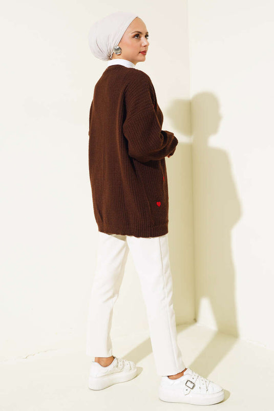 Heart Embroidered Knitwear Cardigan Brown