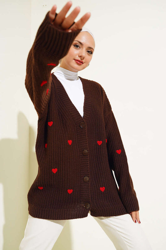 Heart Embroidered Knitwear Cardigan Brown