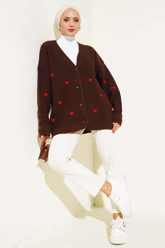 Heart Embroidered Knitwear Cardigan Brown