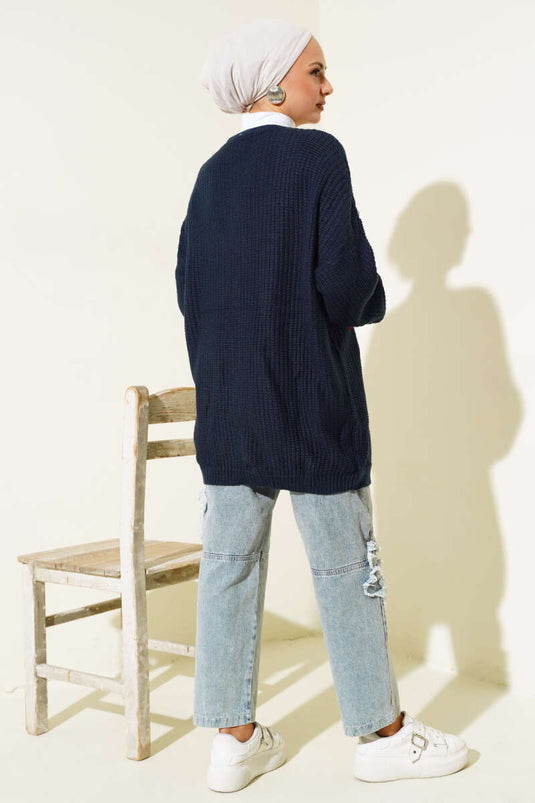 Heart Embroidered Knitted Cardigan Navy Blue