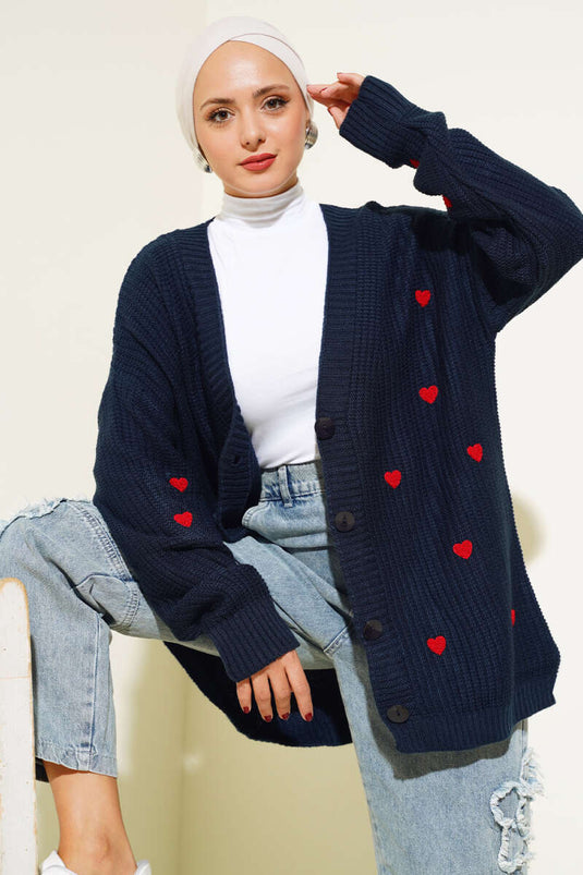 Heart Embroidered Knitted Cardigan Navy Blue